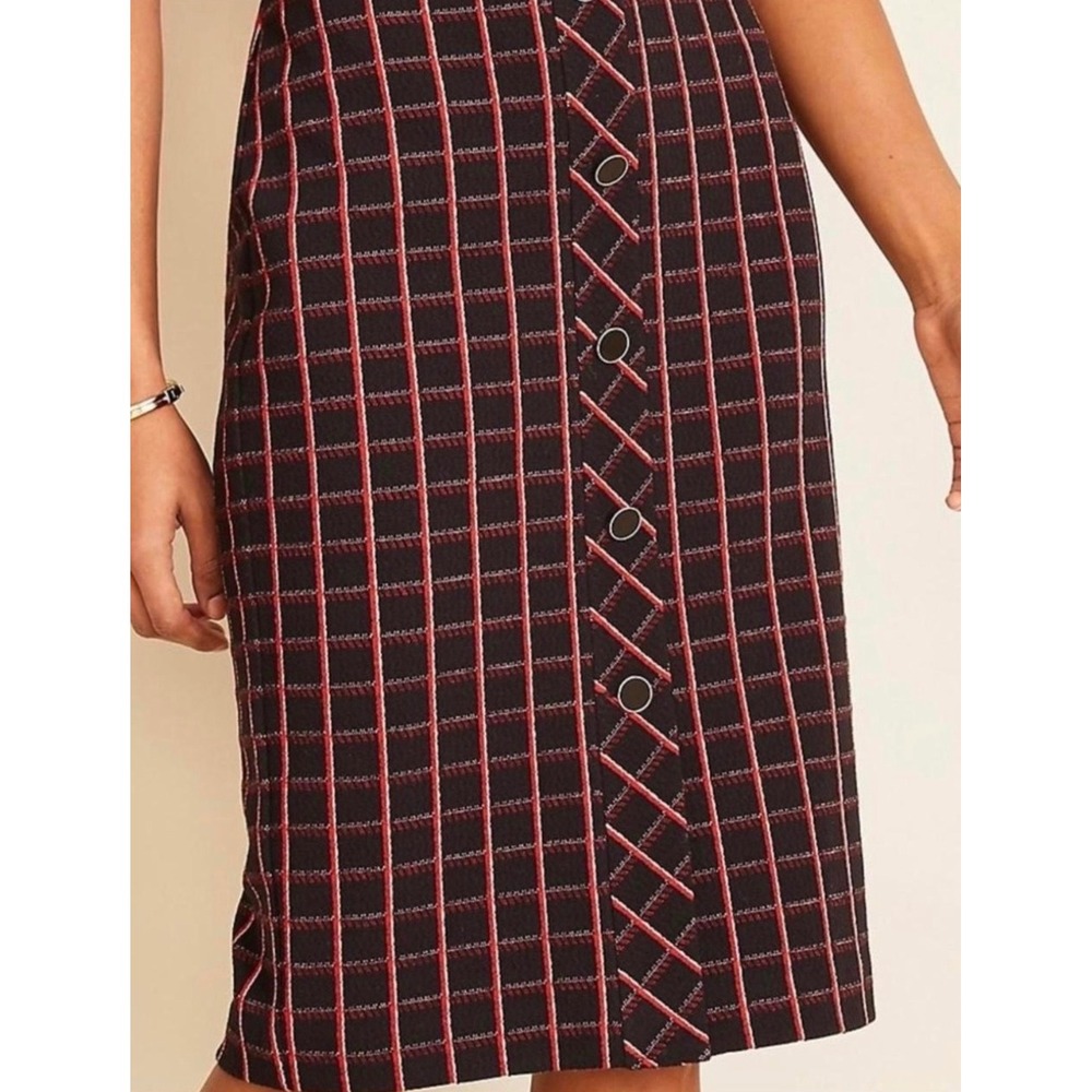 Ann Taylor Black Red Plaid Tartan Button Detail Pencil Skirt NWT Size L